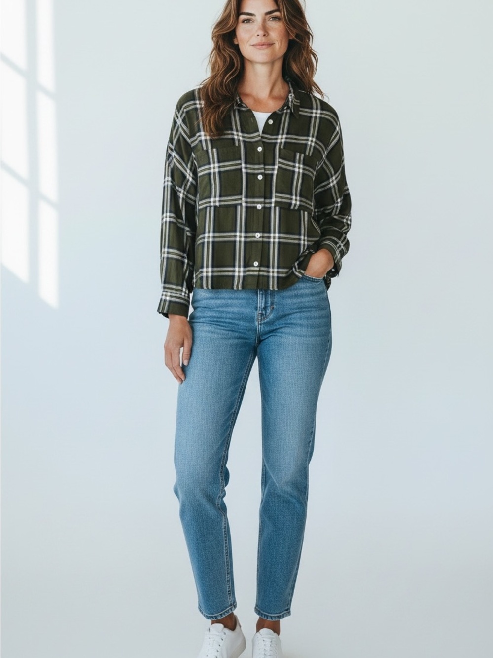 ONLY womens Olive Plaid Button-Up Shirt size 36